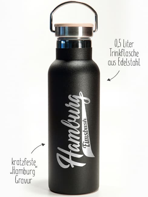 "Hamburg Eimsbüttel" Trinkflasche aus Edelstahl schwarz 500 ml inklusive Gravur als Geschenkidee