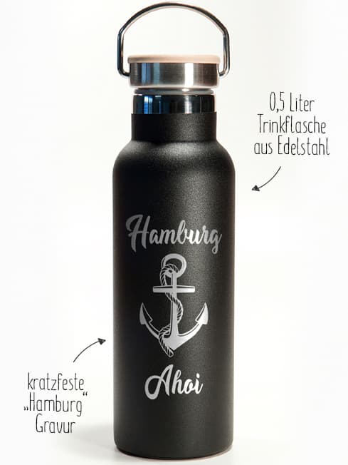 Geschenkidee Trinkflasche aus Edelstahl schwarz 500 ml inklusive Gravur "Hamburg Ahoi mit Anker" geeignet für Mann oder Freundin