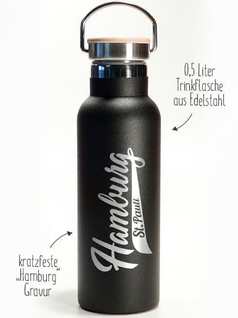 "Hamburg St. Pauli" Trinkflasche aus Edelstahl schwarz 500 ml inklusive Gravur als Geschenkidee