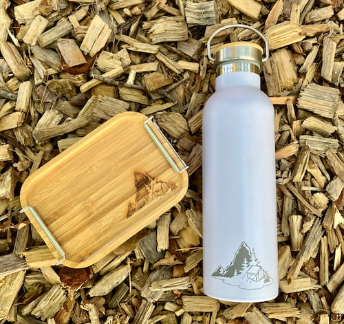 Outdoor Edelstahl Brotdose und Edelstahlflasche mit Lasergravur "Camping Urlaub"